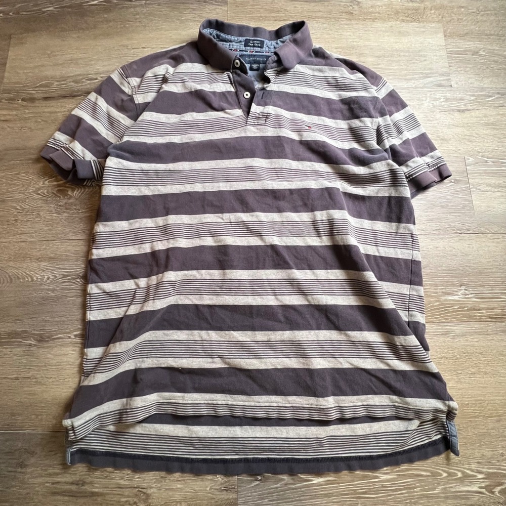 Tommy Hilfiger Polo Mens XL Purple Grey Striped Custom Fit Distressed Shirt